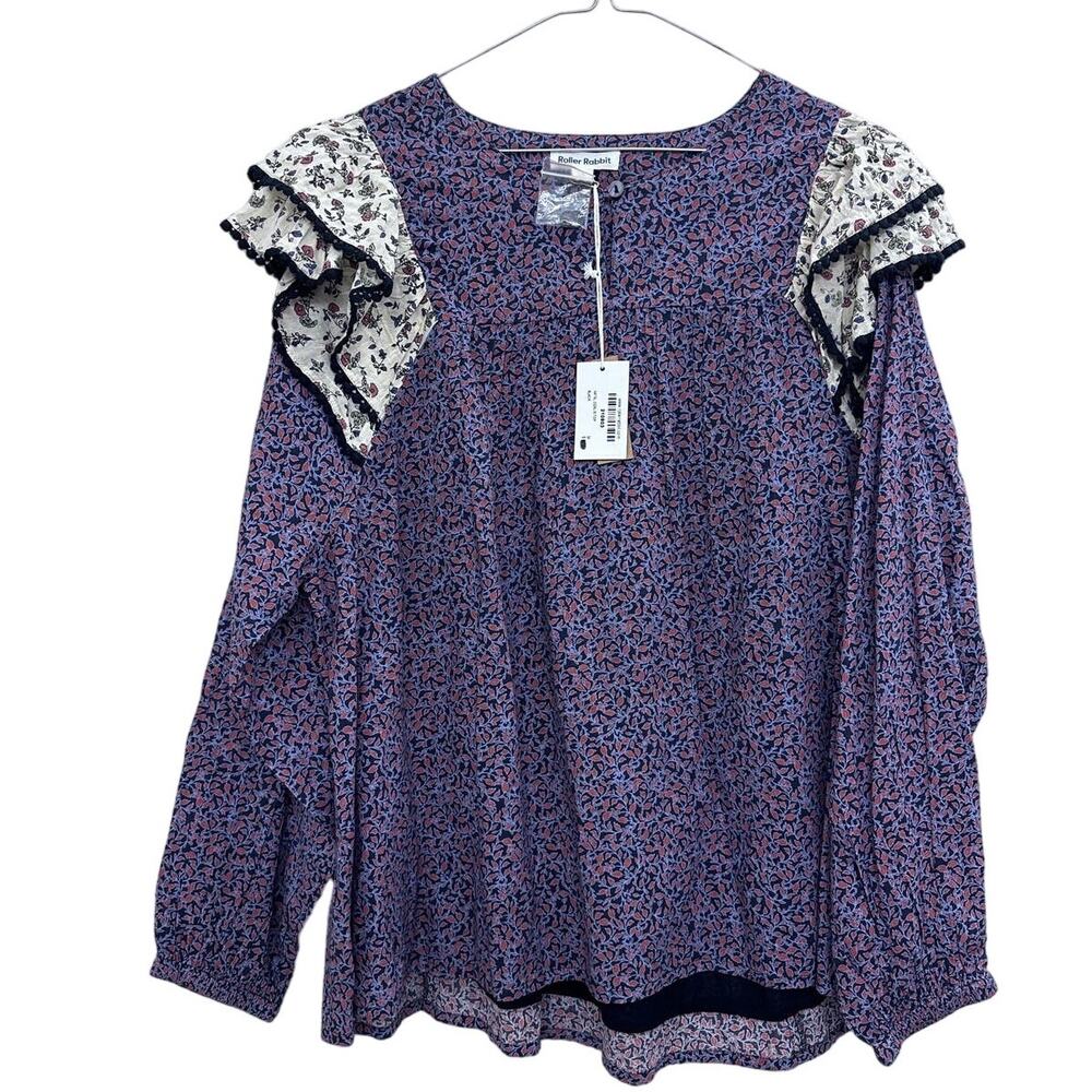 Roller Rabbit womens blouse top sz medium Floral cotton Print Ruffle Natalie NWT